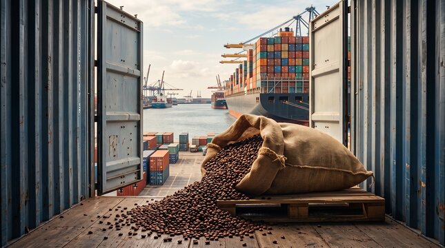 Roasted coffee beans in a burlap sack inside a shipping container with a cargo port in the background, representing international coffee exports, maritime logistics, global supply chains, and the worl
