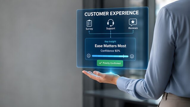 Business professional holding a digital interface showing a modern strategy for improving overall customer experience success