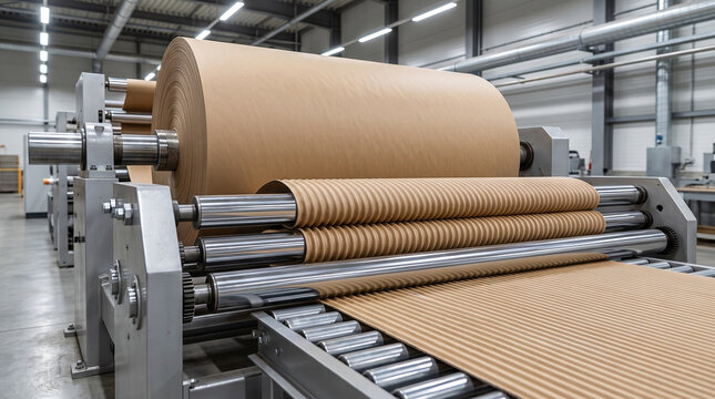 Industrial corrugated cardboard machine rolling brown kraft paper in a bright modern factory