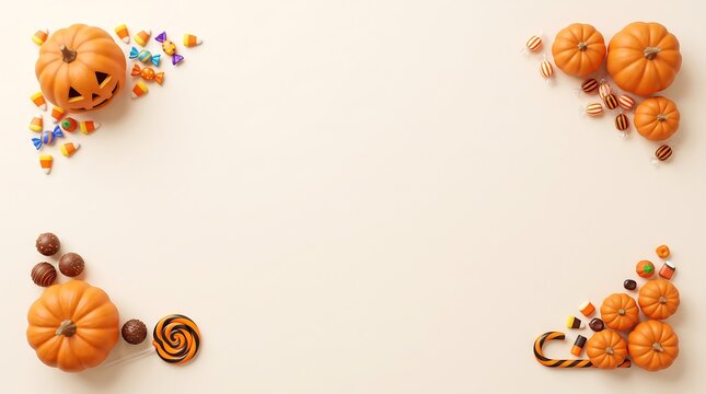 Halloween pumpkins and colorful candy frame on light surface
