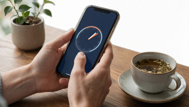 Close-up of hands holding a smartphone with a speed test gauge on screen. A cup of herbal tea sits on a wooden table. Cozy morning setting