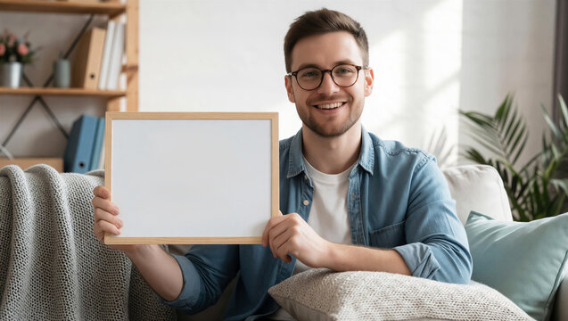 Happy young man sitting on a sofa holds a whiteboard with a positive affirmation message. He wears eyewear and smiles in a bright, modern living room