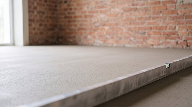 Concrete floor leveling and smooth screed in interior renovation with brick wall and spirit level