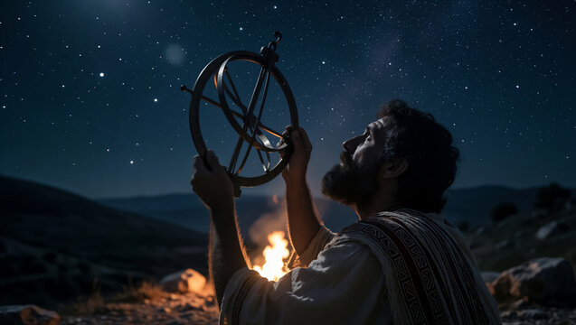 An ancient astronomer gazes at the starry night sky while holding a brass astrolabe. A glowing campfire illuminates the rocky outdoor landscape