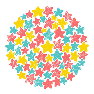 Hand-Drawn Colorful Star Pattern Arranged in a Circular Composition with Textured Crayon Stroke Effect for Decorative Graphic Designs