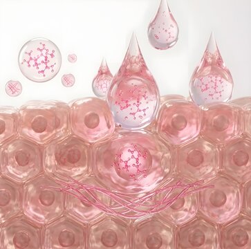A 3D scientific visualization macro shot of human skin cell structure, hexagonal translucent pink skin cells stacked together, liquid serum water droplets infused with glowing pink molecule structures