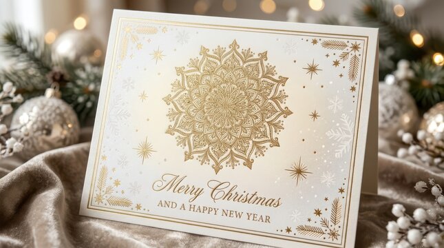 Elegant Merry Christmas greeting card with gold snowflake design and festive holiday decor