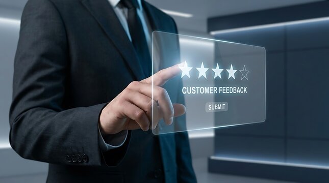 Businessman interacting with a digital holographic interface to provide a four star customer service feedback rating online