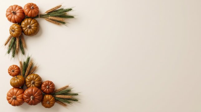 Pumpkins and Wheat Stalks Arranged in a Decorative Border on a White Background