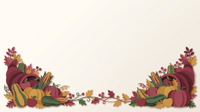 Thanksgiving Border Paper Cut Design with Pumpkins, Corn, and Leaves Arranged Symmetrically