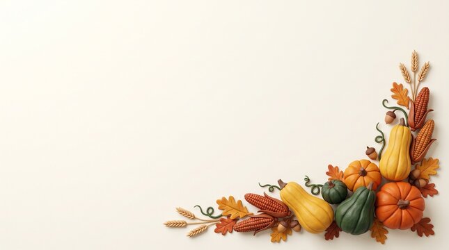 Vegetables Cascading on Ivory Background, Autumnal Harvest Arrangement with Pumpkins, Corn