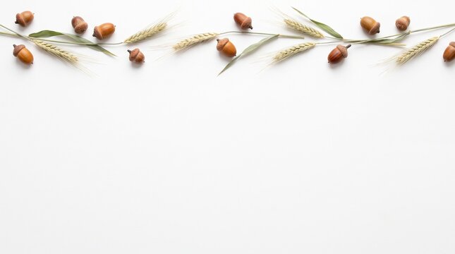 Acorns and Wheat Border Design with Natural Elements. Rustic Autumn Harvest Arrangement on White