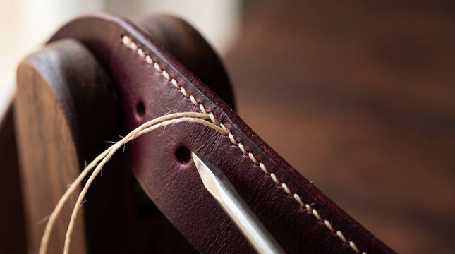 Close-up of hand stitching on burgundy leather strap with awl and natural thread