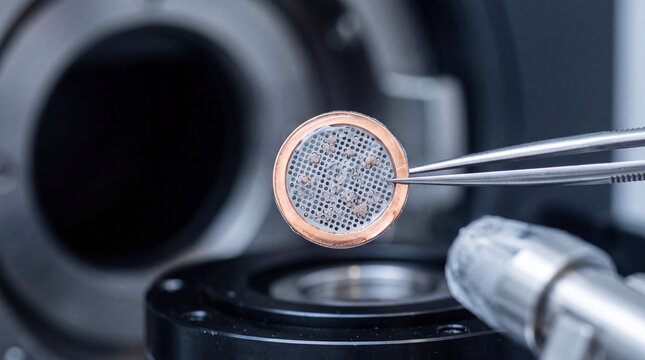 Close-up of metal filter sample held by tweezers for laboratory analysis in a scanning electron microscope
