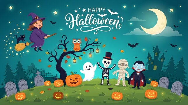 A festive halloween wallpaper illustration featuring cute cartoon characters like a witch ghost skeleton mummy and vampire standing in a spooky graveyard at night time