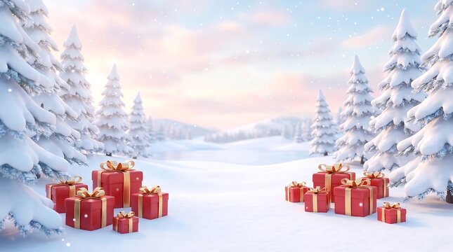 Beautiful winter landscape with red gift boxes on the snow during a bright and sunny christmas day morning
