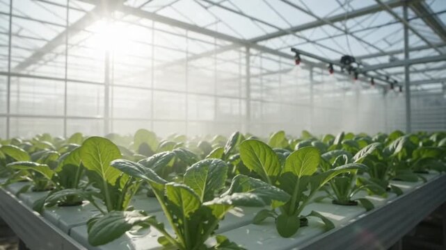 Automated greenhouse irrigation system spraying water on rows of young plants modern agriculture sustainable farming