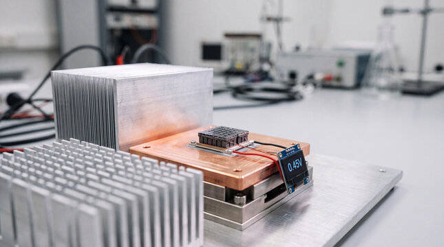 Thermoelectric module testing on copper plate with heat sink in electronics laboratory measuring voltage