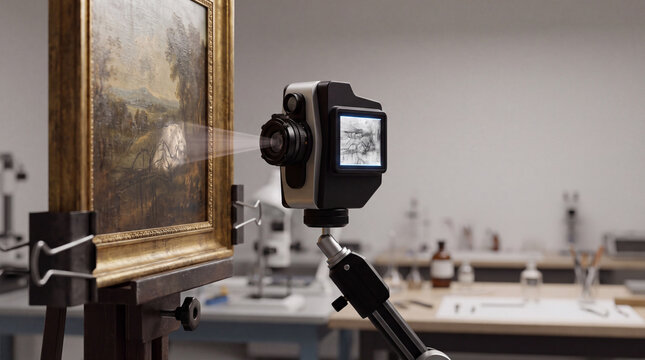Artwork imaging for conservation or restoration: high-resolution camera digitizing antique painting in museum restoration lab