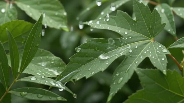 Close up macro shot of a clear water droplet falling onto a vibrant green leaf refreshing nature slow motion