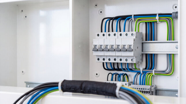 Modern electrical distribution panel with organized wiring and multiple circuit breakers in metal cabinet