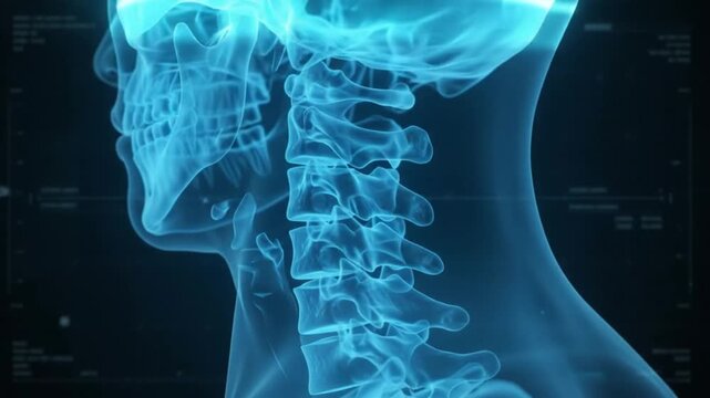 Close up of a glowing blue x ray scan of a human head and neck showing skull spine and clavicle against a dark background