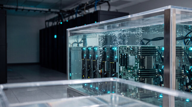 Immersion-cooled server rack in data center with gpu mining hardware and liquid cooling system