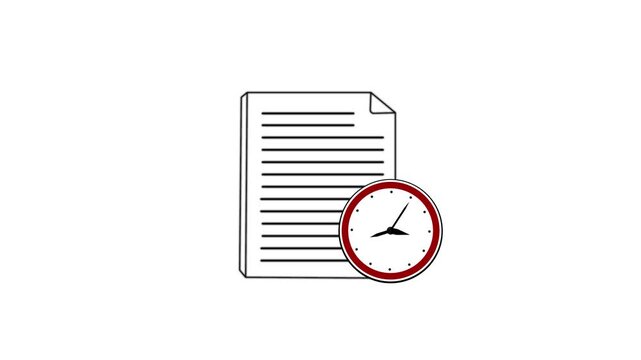 Animated document icon with circling clock indicating time passing on white background symbol for deadline project management business task completion strategy animation.