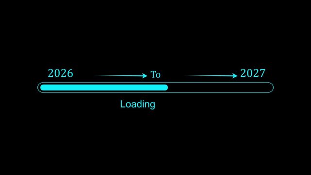 Progress bar loading from 2026 to 2027, motion graphics indicating new year transition, dynamic footage of digital data transfer.