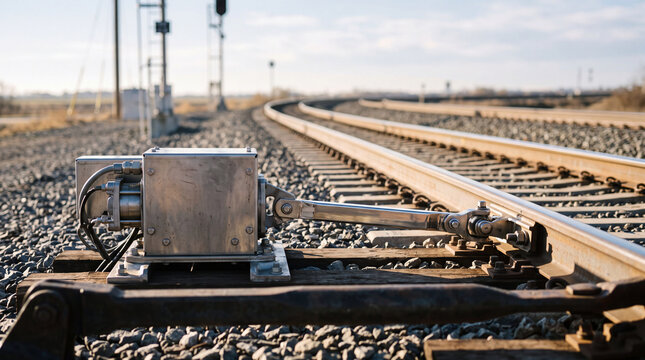 Railroad track switch mechanism with control box on curved railway in rural landscape