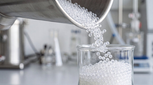 White plastic pellets pouring into glass beaker in industrial polymer manufacturing laboratory
