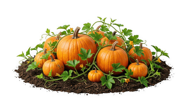Patch of ripe orange pumpkins on soil isolated on transparent background