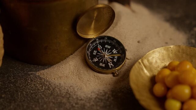 Close-up shot of a compass gadget displayed on a dark set with dramatic lighting.