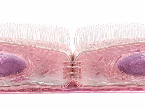 Microscopic 3D diagram of ciliated epithelial cells showing cilia microvilli and intercellular tight junctions