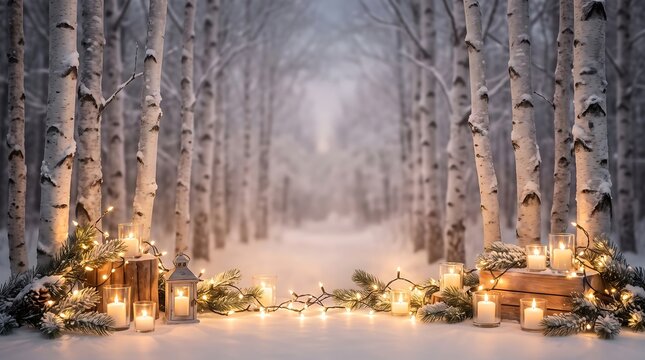 A serene and magical christmas scene unfolds within a birch forest illuminated by warm candlelight and festive decorations evoking a sense of