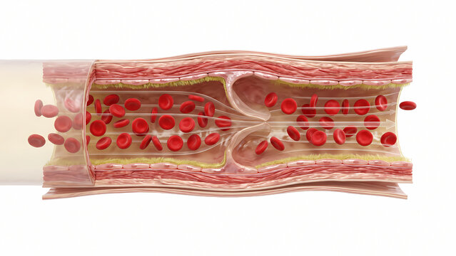 Cutaway 3D diagram of vein blood vessel showing interior bicuspid valve mechanism and unidirectional red blood cell flow