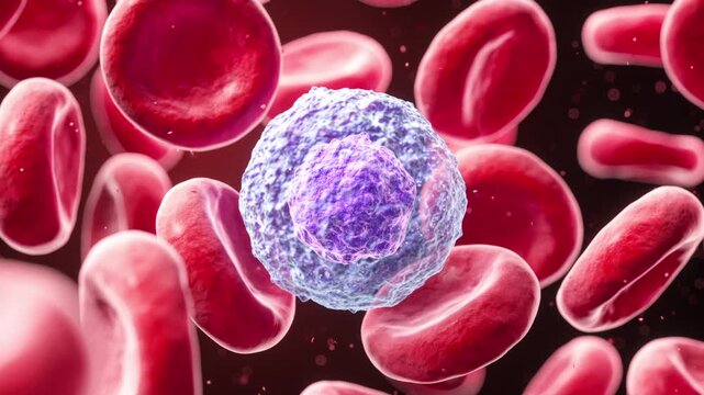 Lymphocyte with red blood cell, 3d animation.