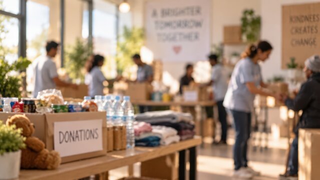 Donation box filled with food and supplies sits on a table in a community center. Volunteers work in the blurred background, organizing goods for a local charity outreach program.