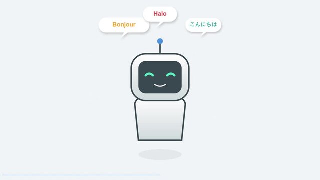 A friendly robot with speech bubbles in different languages, representing communication and technology.