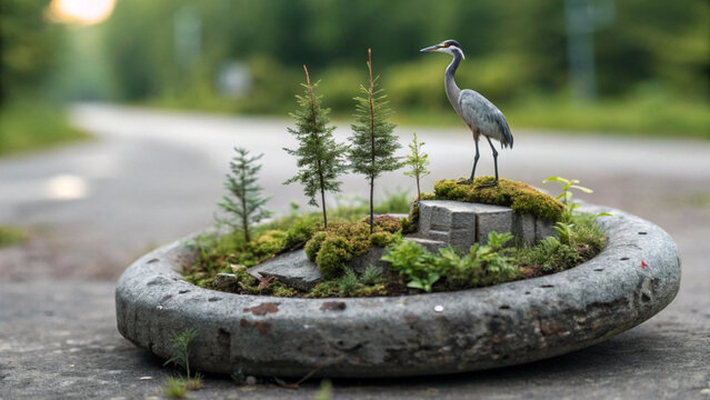 Miniature landscape diorama inside a concrete ring featuring a small bird and pine trees diorama art mossy ground tiny world