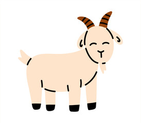 Obraz premium Vector cute beige goat character with curved horns. Farm animal illustration in simple flat design, isolated on white background.