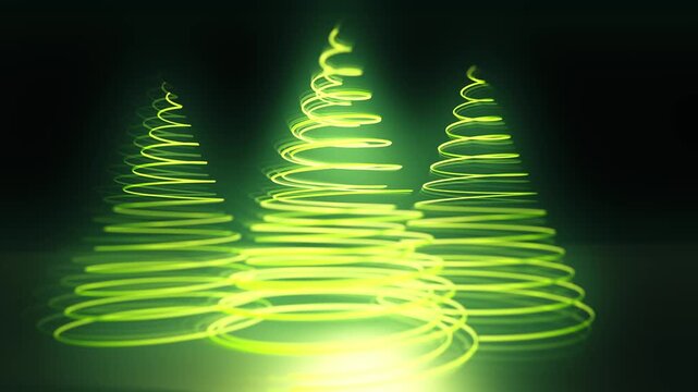 Glowing spiral green neon Christmas trees abstract animation 4k