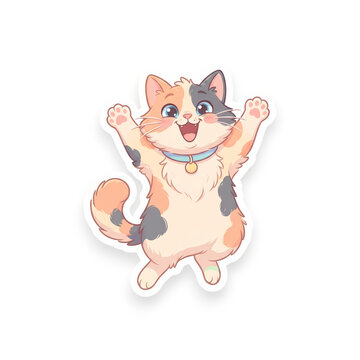 Kitten featuring a calico coat pattern raises its paws in a joyful and celebratory jumping pose with a blue collar.