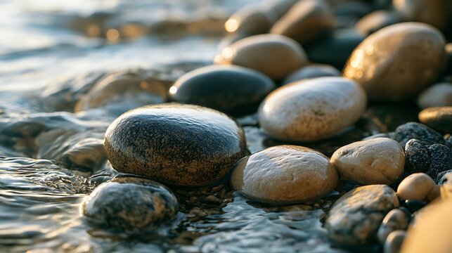 Smooth river pebbles washed by flowing water in sunlight.