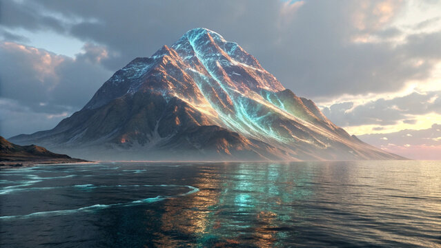 Majestic snow capped mountain with glowing neon lights on its slopes standing by the calm sea mountain peak sea water sci