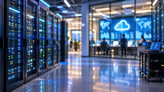 Server racks stand in a high-tech data center with glowing blue lights. Professionals work in a blurred background office area behind glass walls, monitoring cloud computing systems.