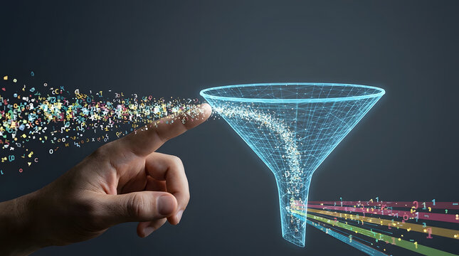 A digital funnel visually represents data processing, with colorful particles flowing into it from the left, filtered, and exiting on the right, guided by a human finger