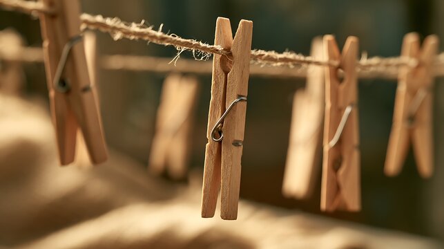 Close up of wooden clothespins on a clothesline.