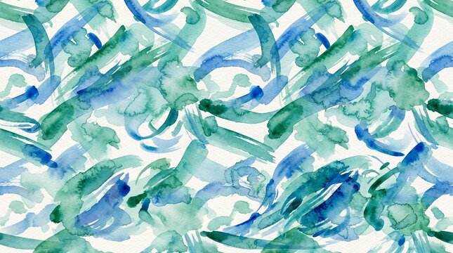A seamless watercolor pattern with abstract brush strokes in blue and green tones, artistic texture, fluid organic repeat, 8k.