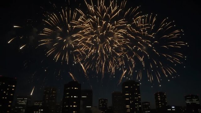 Nighttime cityscape with distant fireworks exploding over silhouetted buildings dark sky with faint clouds